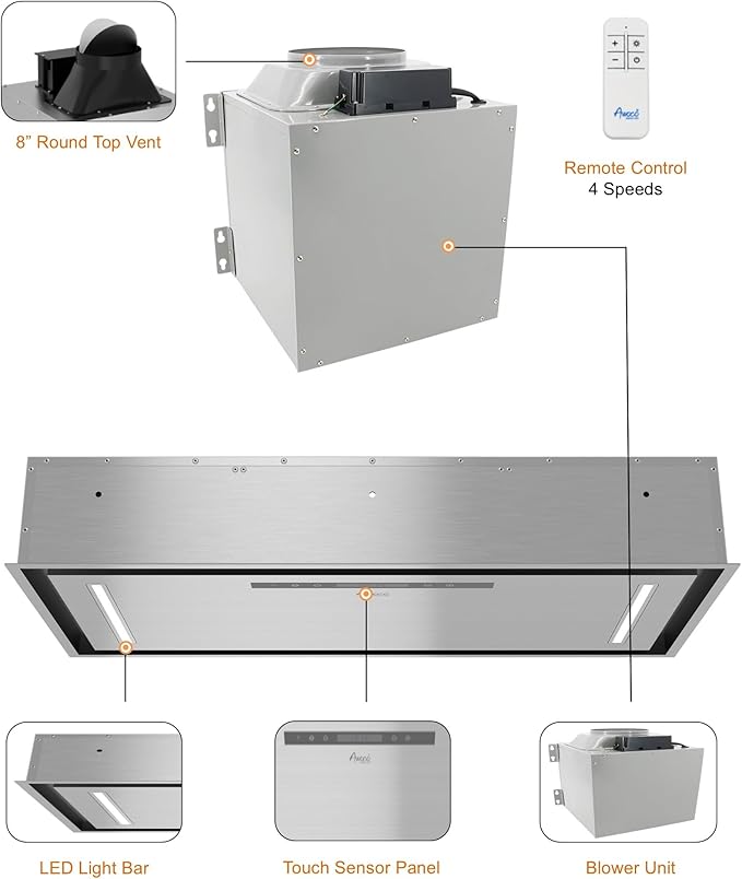 Awoco 36”W Flush Ceiling Mount Split Insert Range Hood, Stainless Steel 4 Speeds 1000 CFM, 8” Round Vent LED Lights Remote Control (36"W 19"D 8" Vent)