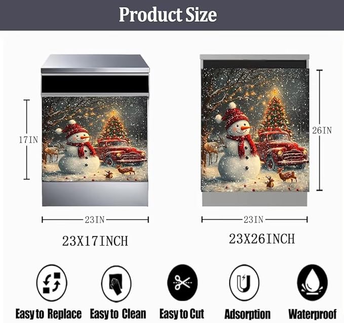 Christmas Snowman Dishwasher Magnet Cover, Winter Deer Dishwasher Cover Panel Decal for Front, Red Truck Magnetic Refrigerator Magnets Holiday Decor Kitchen Appliance Sticker, 26"x17"