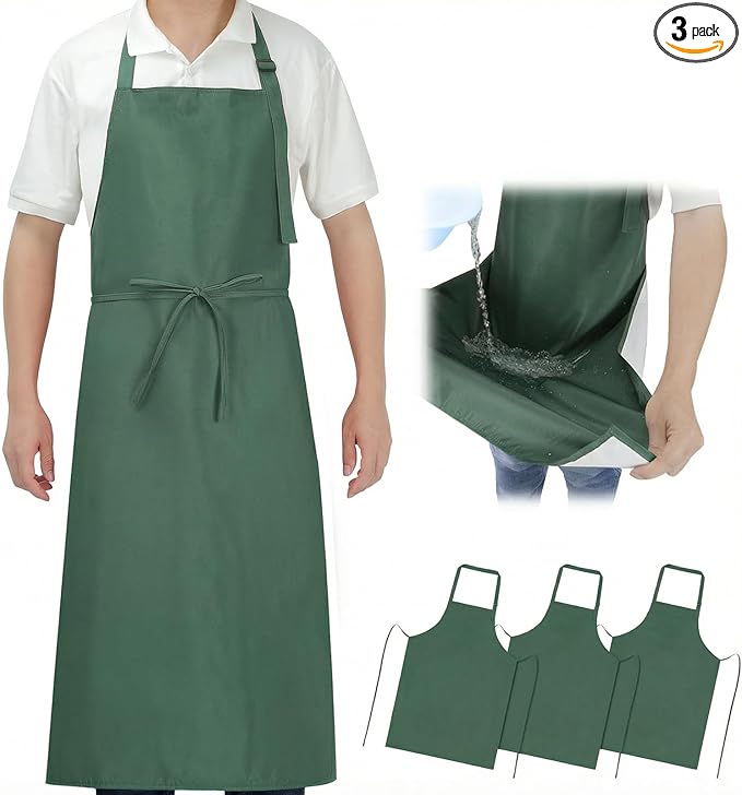 3-Layer Waterproof Apron - Pocket-Free Hygienic Design for Dishwashing & Dog Grooming - Lightweight Durable Protection for messy Kitchen Cooking, Baking, for Men & Women (3 Pack,Green)