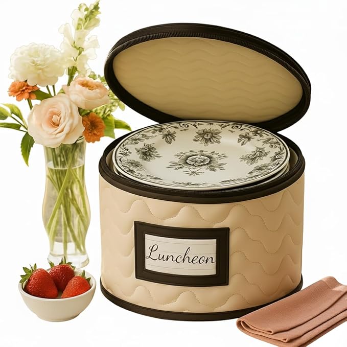 Dinner Plates Storage - Quilted Microfiber China Organizer Box with Dividers , Protects & Organizes Up to 12 Plates of 10" - Ideal for Seasonal Dishware Protection