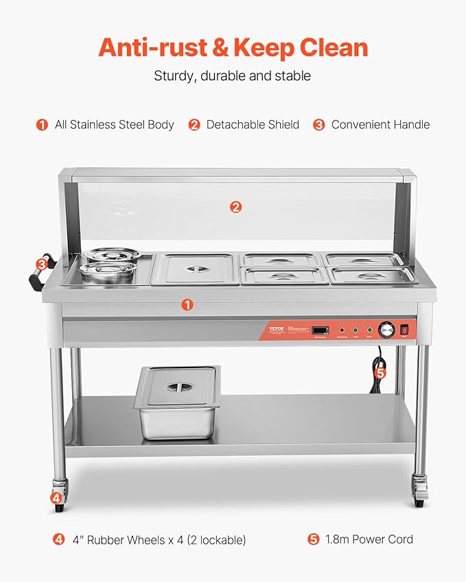 VEVOR Commercial Food Warmer, 5 Pans + 2 Pots Electric Steam Table, 1800W Professional Buffet Catering Food Warmer with Shield Undershelf Wheels, Stainless Steel Server for Party Restaurant Hotel