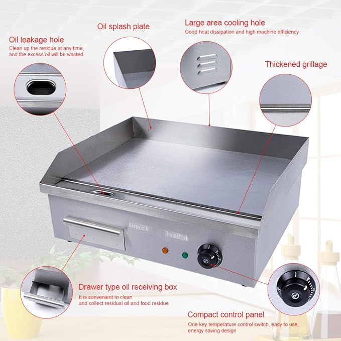Commercial Flat Top Griddle, 3000W Electric Teppanyaki Griddle Nonstick Stainless Steel Countertop Grill with Adjustable Thermostatic Control 122°F-572°F 21.6"x13.8"(NO PLUG)