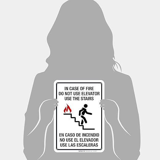 in Case of Fire Do Not Use Elevator Use The Stairs Bilingual Sign, Fire Safety Sign, 10x7 Inches, 55 mil Thick HDPE (high Density polyethylene), Made in USA