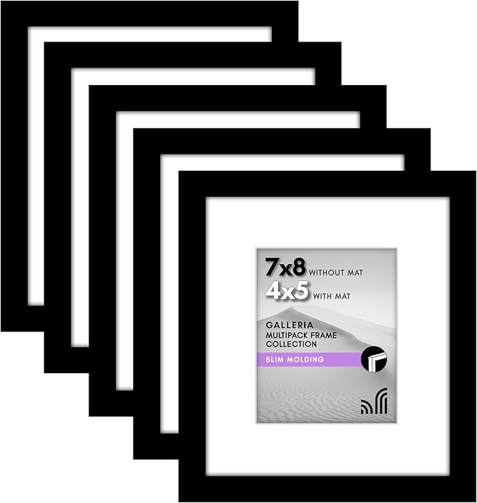 Americanflat 7x8 Picture Frame with Polished Plexiglass - Set of 5 - Use as 4x5 Frame with Mat or Display 7x8 Photo Without Mat - Galleria Collection - Picture Frames for Tabletop and Wall - Black