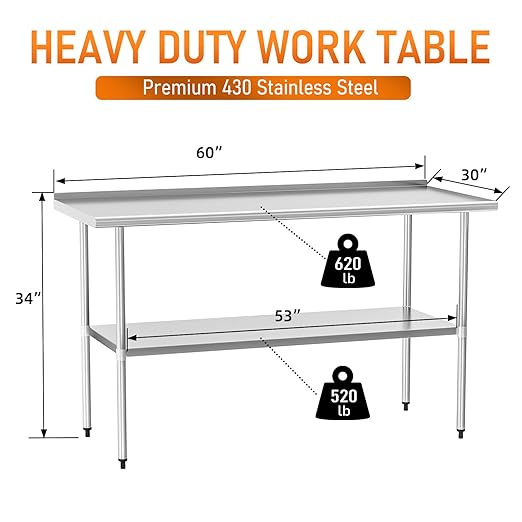 HOCCOT Stainless Steel Table 30" x 60" with Adjustable Undershelf and Backsplash, Commercial Metal Workstations for Kitchen, Garage, Outdoor BBQ