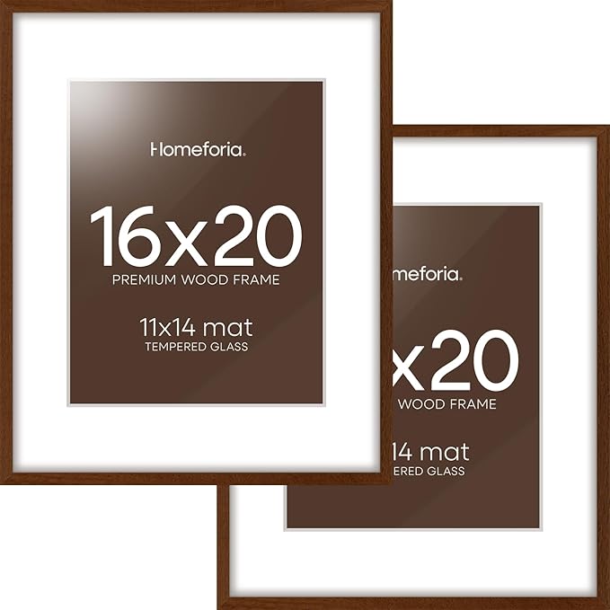 Homeforia 16x20 Picture Walnut Frame, High End Dark Oak 16x20 Wooden Brown Frames with Mat 11x14, 16 x 20 Wood Poster Frame Matted to 11 by 14, 20x16 Hanging Frames, Tempered Glass, Wall Kit, Set of 2