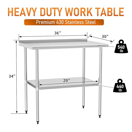 HOCCOT Stainless Steel Table 30" x 36" with Adjustable Undershelf and Backsplash, Commercial Metal Workstations for Kitchen, Garage, Outdoor BBQ