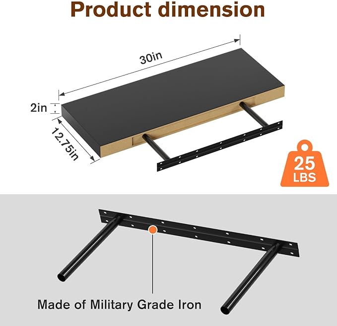 Floating Shelf, Set of 2 Wall Shelf, 30 in W x 12.75 in D x 2 in H Wooden Floating Wall Shelf with Invisible Brackets for Living Room/Bedroom/Bathroom/Kitchen Storage and Decor, Black