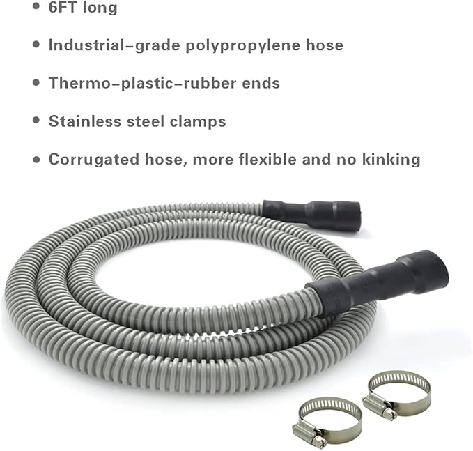 TTFLEX Dishwasher Drain Hose 6 FT, Flexible Discharge Dishwasher Hose with Stainless Steel Clamps, Trim to Fit 11/16", 1", or 1-1/8" Dishwasher End, Fit 5/8", 3/4", or 1" Garbage Disposal/Sink End