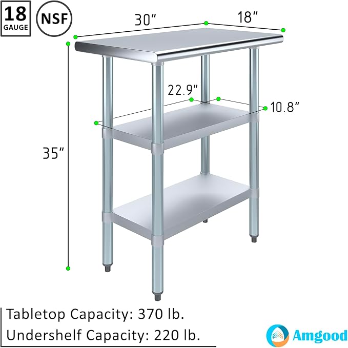 AmGood Stainless Steel Work Table with 2 Shelves | NSF | Metal Utility Table (30" Long x 18" Deep)