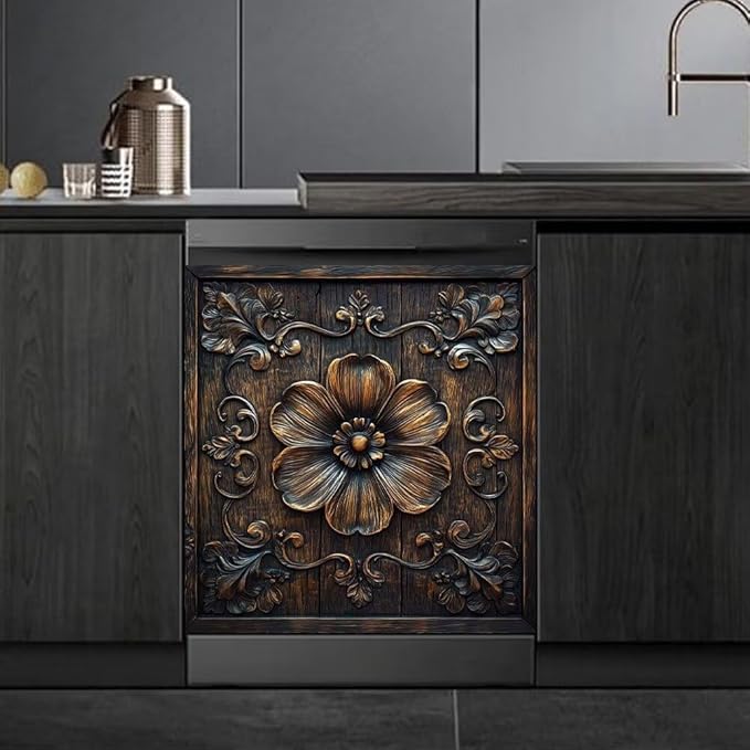 Flower Carved Wood Magnetic Dishwasher Cover Vinyl Sticker,Vintage Wooden Floral Dishwasher Magnet Cover,Rustic Wood Fridge Door Cover Magnets Art Skin Panel Decal for Home Decor, 23"X26"