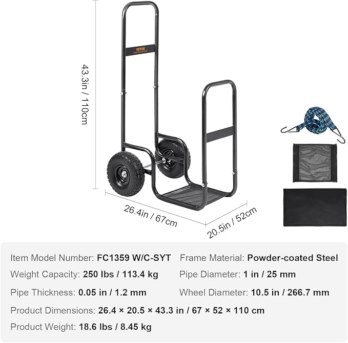 VEVOR Firewood Cart, 250 lbs Capacity, Black Heavy Duty Steel Dolly Hauler with PU Wheels & Waterproof Cover, Outdoor and Indoor Wood Rack Storage Mover, Firewood Carrier for Fireplace, Fire Pit