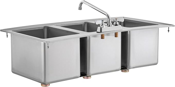 Kratos Commercial Restaurant Sink, 10"x14"x10" 16-Gauge Stainless Steel Three-Compartment Drop-In Sink with 10" Swing Spout Faucet (29N-221)
