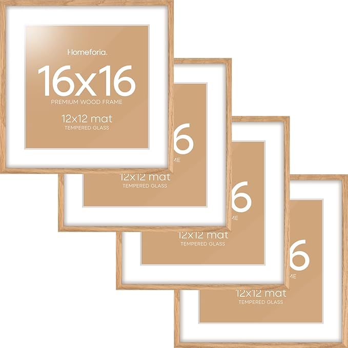 Homeforia 16x16 Picture Wood Frame, High End Natural Oak 16 x 16 Square Light Wooden Frames with Mat 12 by 12 inch Photo, 16by16 Poster Frames Matted to 12x12 Print, Tempered Glass, Wall Kit, Set of 4