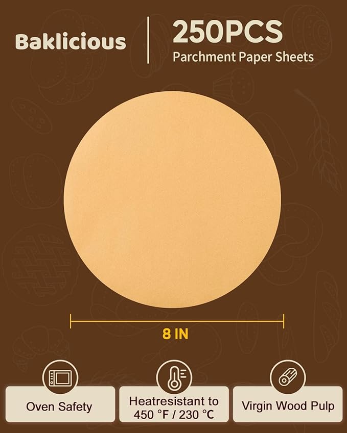 Baklicious 250Pcs 4 Inch Parchment Paper Rounds. Non Stick Round Parchment Paper, Baking Parchment Circles for Cake Baking, Patty Separating, Tortilla Wrapping