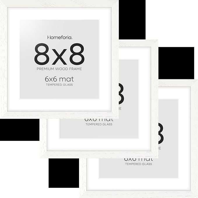 Homeforia 8x8 Picture Frames White, High-End Oak 8 x 8 Square Wood Frame with Mat 6 by 6 Photo, 8x8 Wooden Frames Matted to 6x6 Print, 8by8 Wall or Tabletop Frame, Tempered Glass, Wall Kit, Set of 3