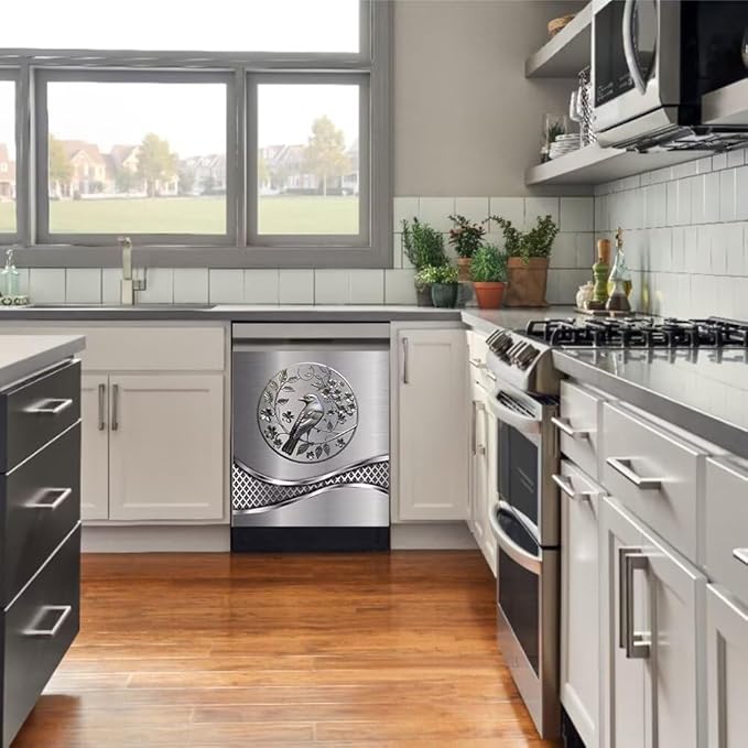Imitation Stainless Steel Design Bird Wallpaper Dishwasher Magnet Cover Sticker,Refrigerator Magnet Cover Decal Fridge Microwave Stickers Kitchen Decor,23 x 26 Inch