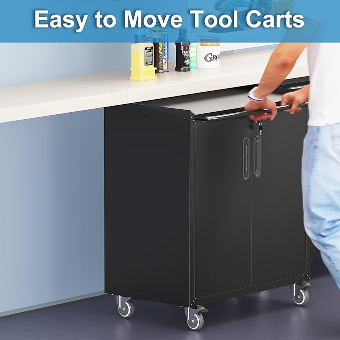 Black Metal Storage Cabinet for Garage with Wheels Rolling Tool Cabinets with Adjustale Shelves Heavy Duty Rolling Tool Cart with Lock for Warehouse Garage Basement Kitchen, Assembly Required