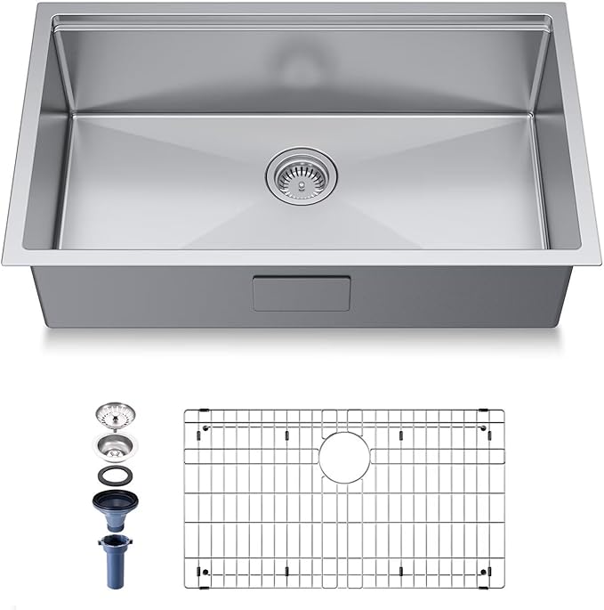 30-Inch Drop in Kitchen Sink Handmade Topmount 16 Gauge 304 Stainless Steel Single Bowl Kitchen Workstation Sink in 10-inch-Depth 30"x19"x10"