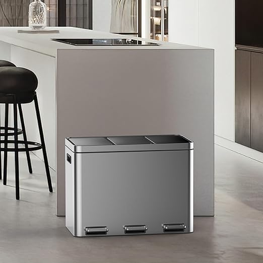 Garvee 12 Gallon Stainless Steel 3 Compartment Trash Can - 3x15L Recycling Bin with Soft-Close Lid, Fingerprint-Proof Kitchen & Office Waste Sorting Bin