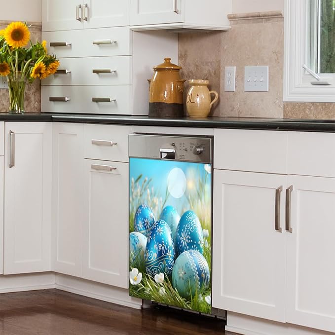 Easter Blue Eggs Meadow Flower Dishwasher Magnet Cover, Reusable Refrigerator Panel Stickers Microwave Front Door Covers Magnets for Kitchen Home Appliances Holiday Party Decorations 23 X 26 in
