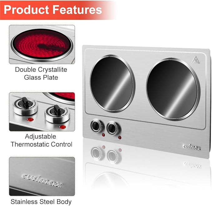 Double Burner, CUSIMAX 1800W Ceramic Electric Hot Plate for Cooking, Dual Control Infrared Cooktop, Portable Countertop Burner, Glass Plate Electric Cooktop, Silver, Stainless Steel-Upgraded Version