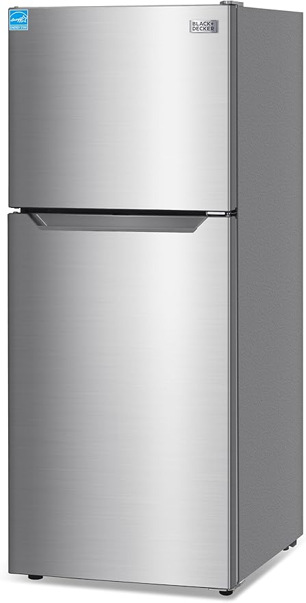 BLACK+DECKER 12.1 Cu. Ft. Top Mount Refrigerator with Freezer, 2 Door Refrigerator with Top Freezer and Adjustable Temperature Control, ENERGY STAR, BR1210HS, Stainless Steel Look