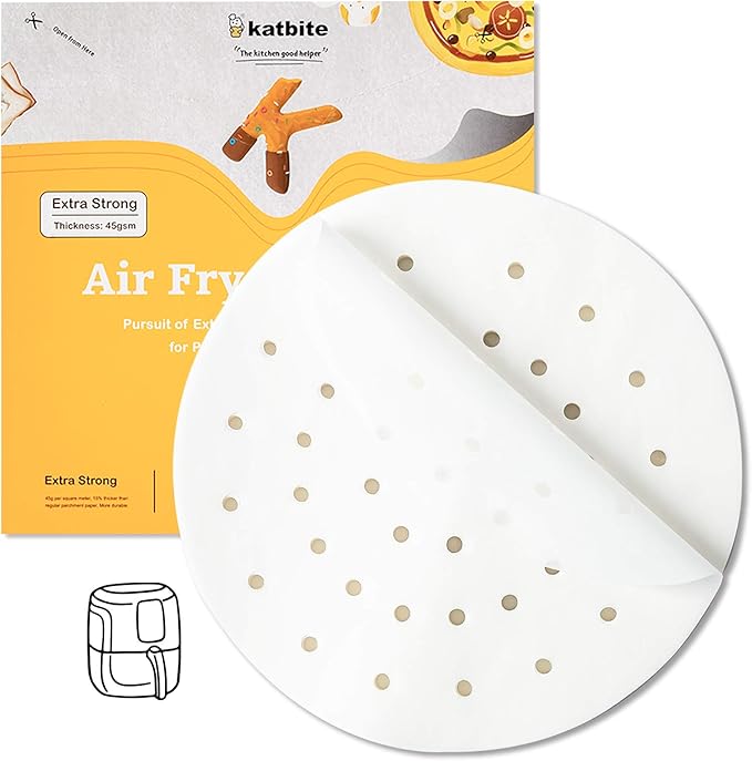 Katbite 9 Inch Air Fryer Liners, 120 Non-Stick Perforated Parchment Papers for Air Fryer, Bamboo Steamer Liners