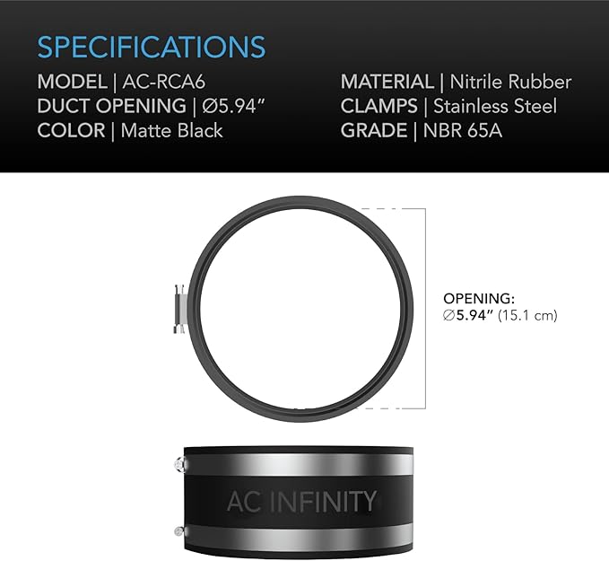 AC Infinity Noise Reduction Clamp 6-Inch, Duct Coupler with Stainless Steel Clamps, Flexible Rubber Coupling for Inline Fans and Carbon Filters in Growing and HVAC