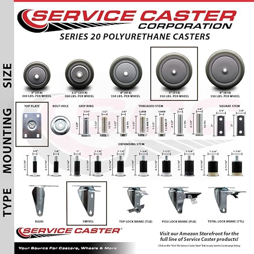 Service Caster Brand Replacement Caster for Uline Caster H-7449S - Stainless Steel Swivel Top Plate Caster with 5 Inch Gray Polyurethane Wheel - Fits Carts and Platform Trucks H-6348