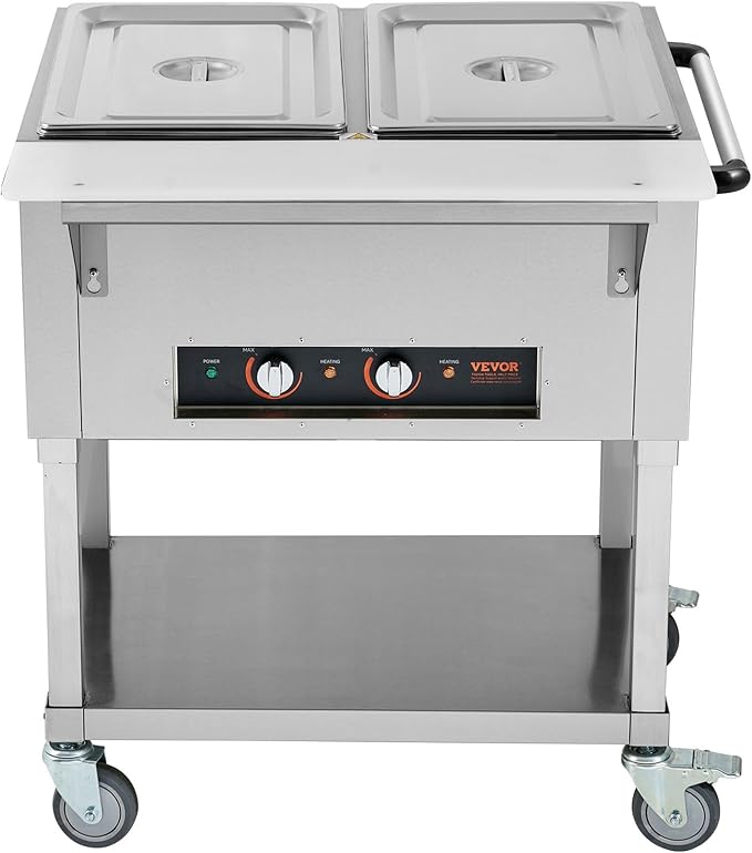 VEVOR 2-Pan Commercial Food Warmer, 2 x 20.6QT Electric Steam Table, 1000W Professional Buffet Catering Food Warmer with 4 Wheels (2 Lockable), Food Grade Stainless Steel Server for Party Restaurant