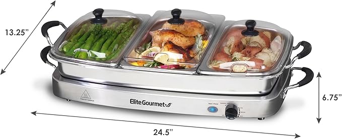 Elite Gourmet EWM-9933 Triple 3 x 2.5 Quart Trays Buffet Server 7.5 Qt Oven Safe Pan Food Warmer, Temperature Control, Clear Slotted Lids, Perfect for Parties, Entertaining & Holidays, Stainless Steel