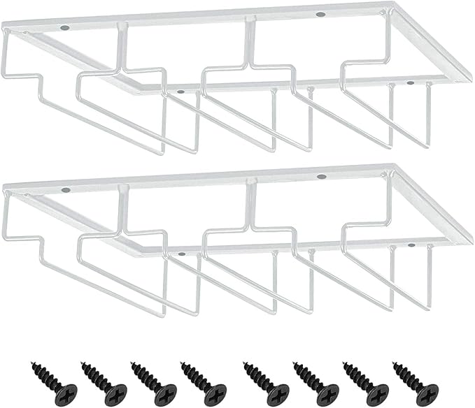 MOCOUM Wine Glasses Rack Under Cabinet Stemware Rack, Wine Glass Hanger Rack Wire Wine Glass Holder Storage Hanger for Cabinet Kitchen Bar (White, 3 Rows 2 Pack)