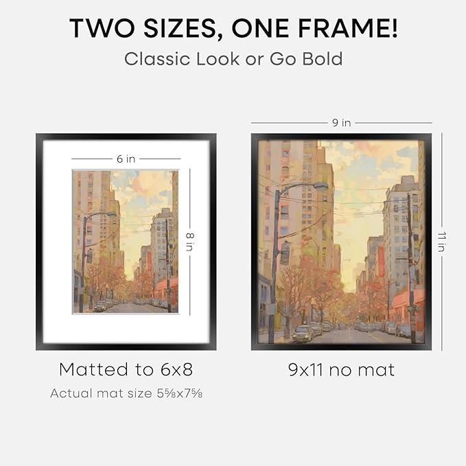 Homeforia 9x11 Picture Frame Black, High End Metal 9 x 11 Poster Frames with Mat 6 by 8 inch Photo, 9by11 Frame Matted to 6x8 in Print, 11x9 Wall or Tabletop Frames, Tempered Glass, Wall Kit, Set of 2