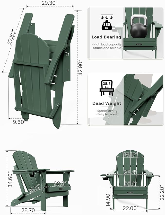 MUCHENGHY Folding Adirondack Chairs Set of 4, Patio Chairs, Lawn Chairs, Outdoor Chairs, Adirondack Chair Plastic, Fire Pit Chairs, Weather Resistant with Cup Holder for Deck, Backyard, Garden(Green)