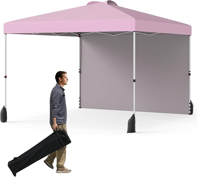 Tangkula 10x10 FT Pop up Canopy with Sidewall, Easy Setup Outdoor Tent with Wheeled Bag, 4 Sandbags, 4 Ropes, 4 Anchors, 8 Stakes, Vented Top, Portable Canopy Tent for Party Event Patio (Pink)
