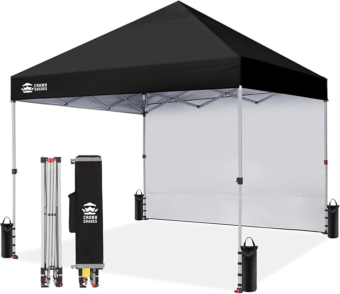CROWN SHADES 8x8 Pop Up Canopy with 1 Side Wall - Beach Tent with One Push Setup - Outdoor Sun Shade for Events, Parties, Camping - Gazebo with STO-N-Go Cover Bag (Black)