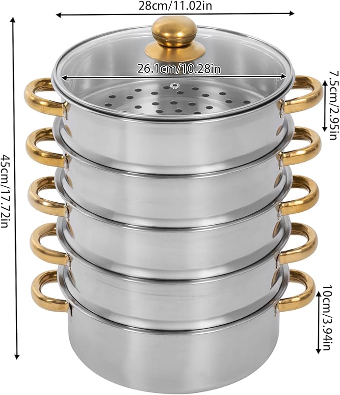 Stainless Steel Steamer Pot, 11-Inch Steamer for Cooking, 5-Tier Food Steam Pots with Lid for Cooking Vegetables, Seafood, Soups, Stews, Dumplings and Pasta