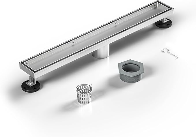 Linear Shower Drain 18", Brushed Floor Drain with Tiled Insert Grate & Hair Strainer, 304 Stainless Steel Bathroom 2-in-1 Tiled in Drain, CUPC Certified (Brushed, 18'')