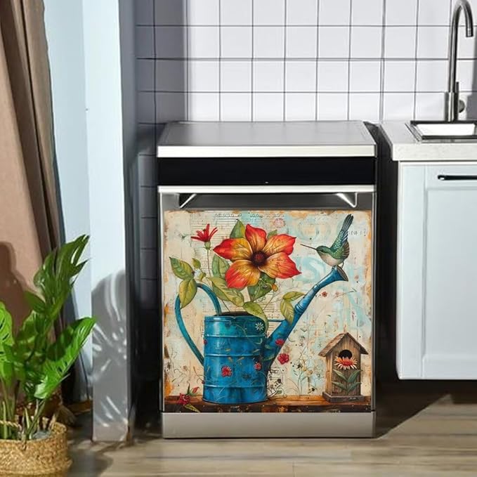Farm Floral Watering Can Dishwasher Magnet Cover,23" x 26" Dishwasher Cover,Retro Countryside Bird House Magnetic Decal Vinyl Sticker Kitchen Decor Refrigerator Magnets Self Adhesive Wrap