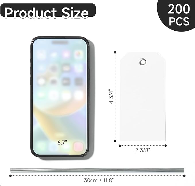 200 Pieces White Blank Shipping Tags 4 3/4" x 2 3/8" With String Hanging Plastic Attached - Reinforced Waterproof Wire Marking Tags #5 for Inventory, Luggage, Garage Parts, Asset (White)