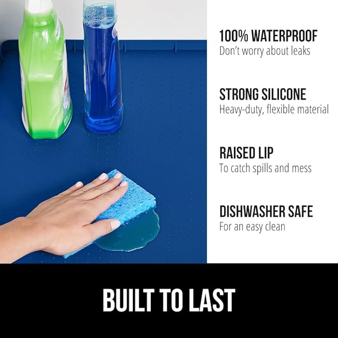 GORILLA GRIP Waterproof Silicone Under Sink Mat with Raised Lip for Kitchen and Bathroom, Cabinet Shelf Liner Stay in Place Mats Dishwasher Safe Drawer Liner, Organizer Tray, 19 x 22 in, Blue