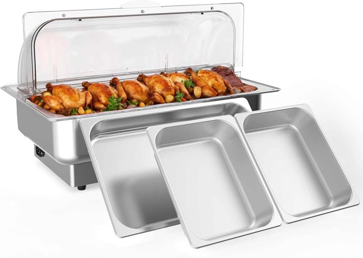Rectangular Chafing Dish Electric Buffet Set with Temperature Control, 9QT Stainless Steel Food Servers and Warmers with 1 Full-Size Pan & 2 Half-Size Pan for Catering Wedding and Parties