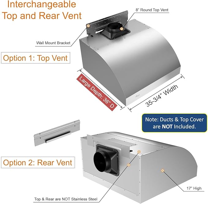 Awoco 36” Outdoor BBQ Vent Hood 17” High Type 304 Stainless Steel, 4 Speeds 1000 CFM, Adjustable LED Lights, 8” Round Top Vent with 12”H Chimney Cover