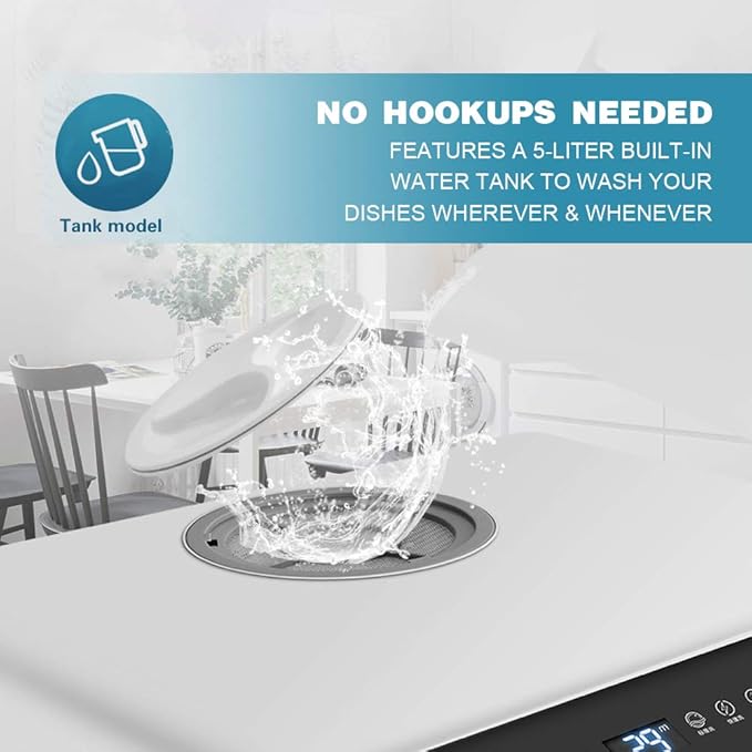 Portable Countertop Dishwasher with 5 Programs, 3-Cup Water Tank, Fruit/Veg Basket, High Temp, Air Dry
