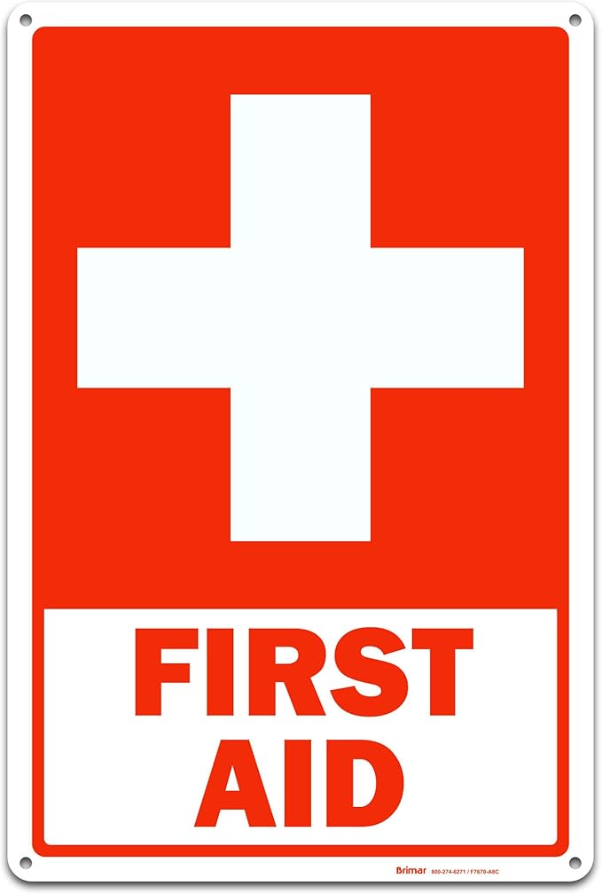 Brimar - 12 x 18" - First Aid Sign - .063″ White Rust-Free Aluminum - Clear Message - Large Size