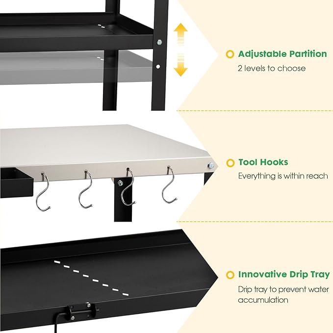 Outdoor Grill Cart Table,Indoor and Outdoor Pizza Oven Table,with 4 Movable Total Lock Casters, Hooks, Side Handle Multifunctional (Black) (Stainless Steel)