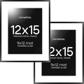 Homeforia 12x15 Picture Frame Black, High End Metal 12x15 Poster Frames with Mat 9x12 for Photo, 12 x 15 Black Frame Matted to 9 by 12 inch Print, 15x12 Thin Frames, Tempered Glass, Wall Kit, Set of 2