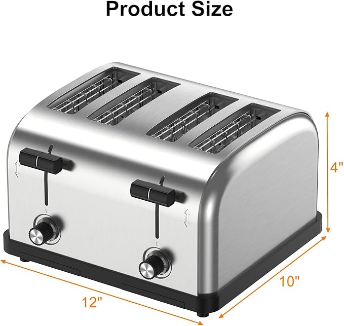 1800W Commercial Grade 4-Slice Pop Up Toaster -Stainless Steel 6-Browning Settings for Bread with Removable Crumb Tray for Bagel Bread English Muffins, Waffles (Commercial & Home Use)