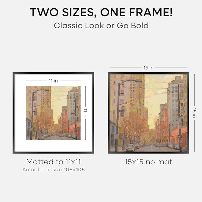 Homeforia 15x15 Picture Frame Black, High End Metal 15 x 15 Square Poster Frames with Mat 11 x 11 Photo, 15x15 Black Frame Matted to 11x11 Print, 15by15 Thin Frames, Tempered Glass, Wall Kit, Set of 2